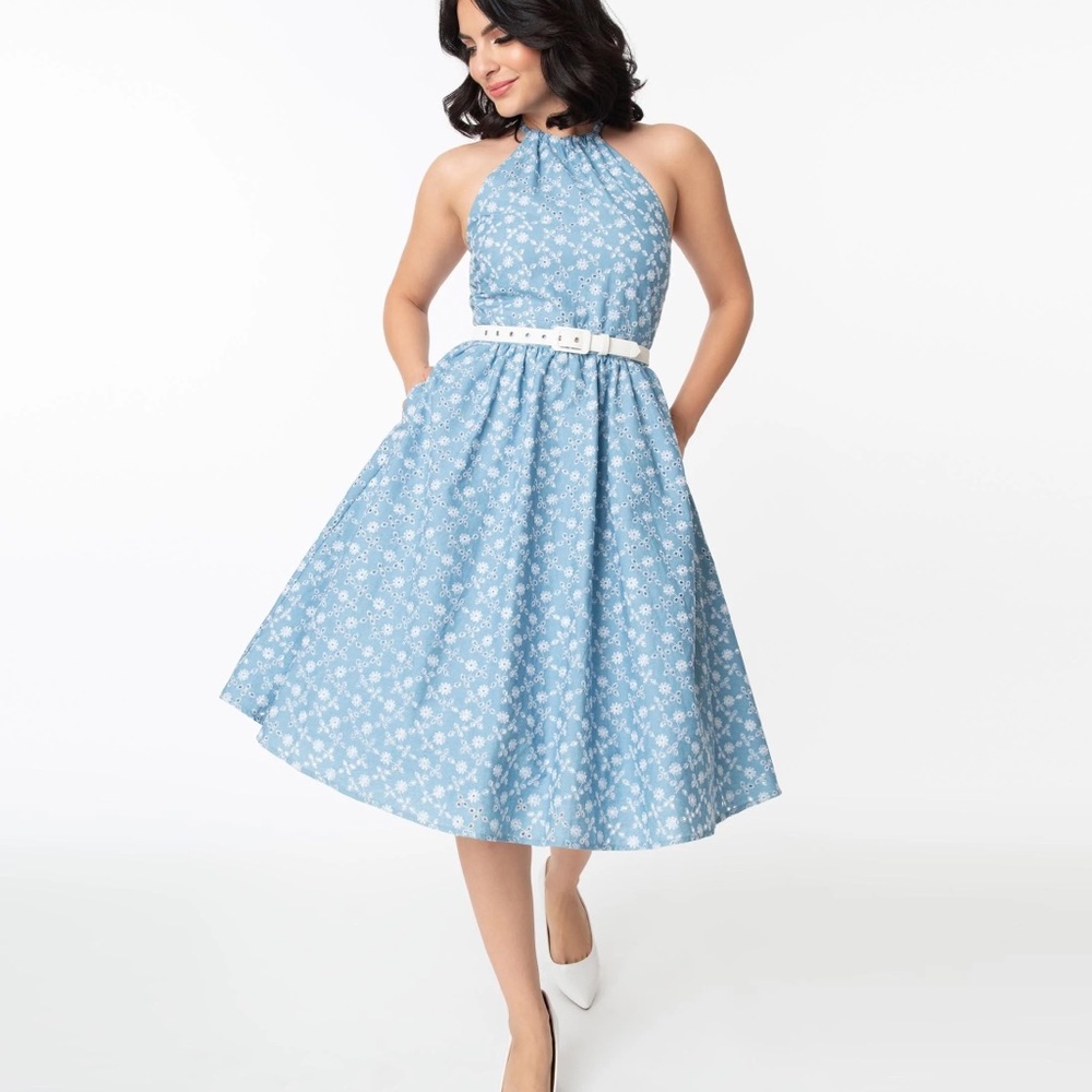 Unique Vintage Chambray & White Floral Eyelet Lombard Swing Dress